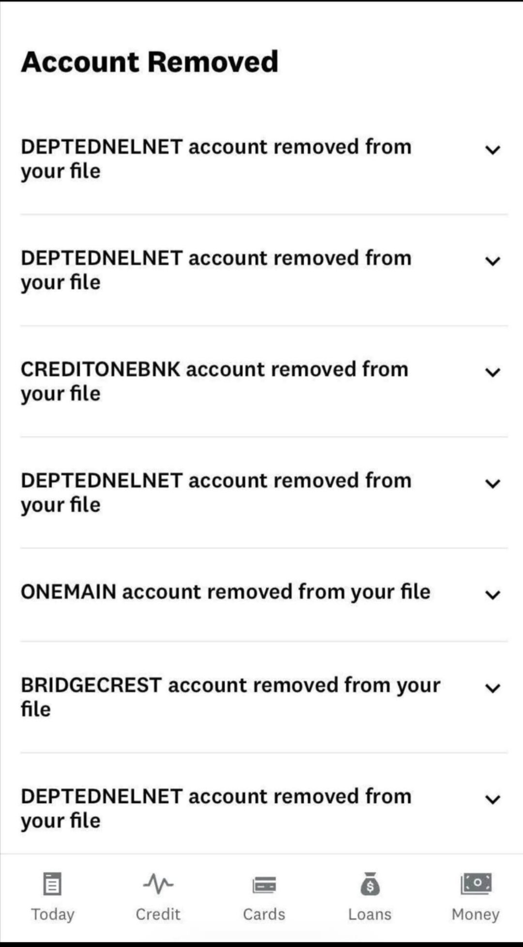 Credit Karma showing multiple accounts removed from credit file