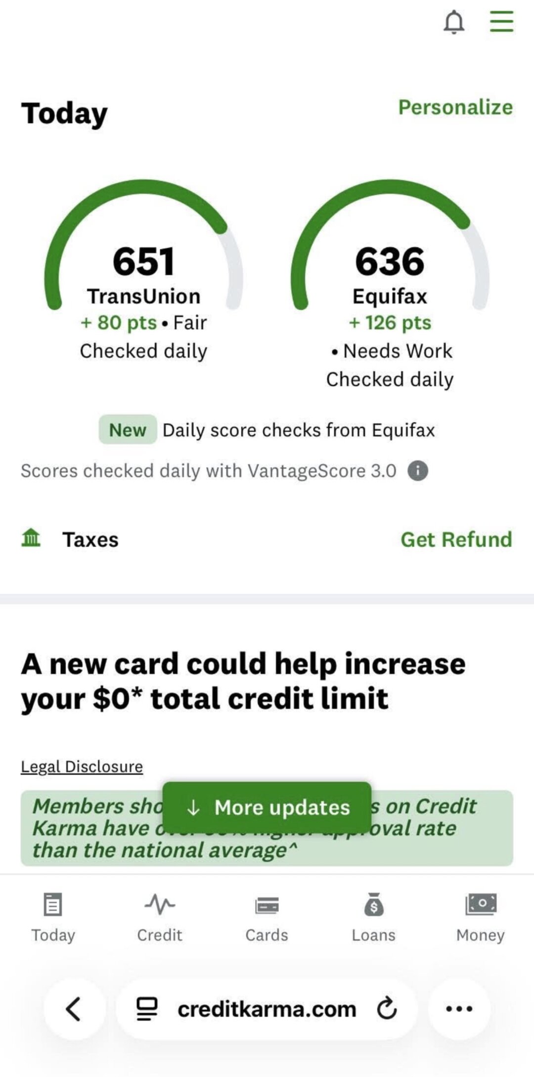Credit Karma score increase showing TransUnion +80 pts and Equifax +126 pts